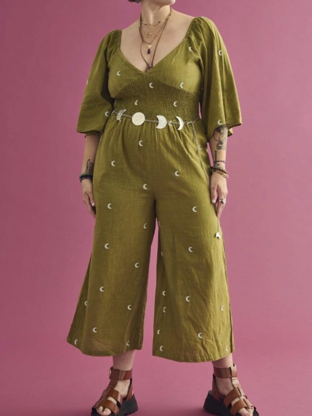 Earthbound Trading Olive Green Embroidered Crescent Moon Boho Festival Jumpsuit